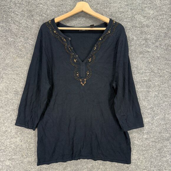 Apostrophe Sweater Pullover Women 1X Plus Black Rhinestone Long Sleeve Knit - Picture 1 of 6